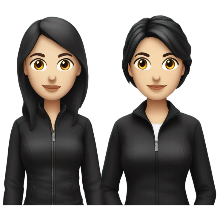 two caucassian woman with black jackets. One has black hair the other one has brown hair and is slightly shorter then the woman with black hair emoji
