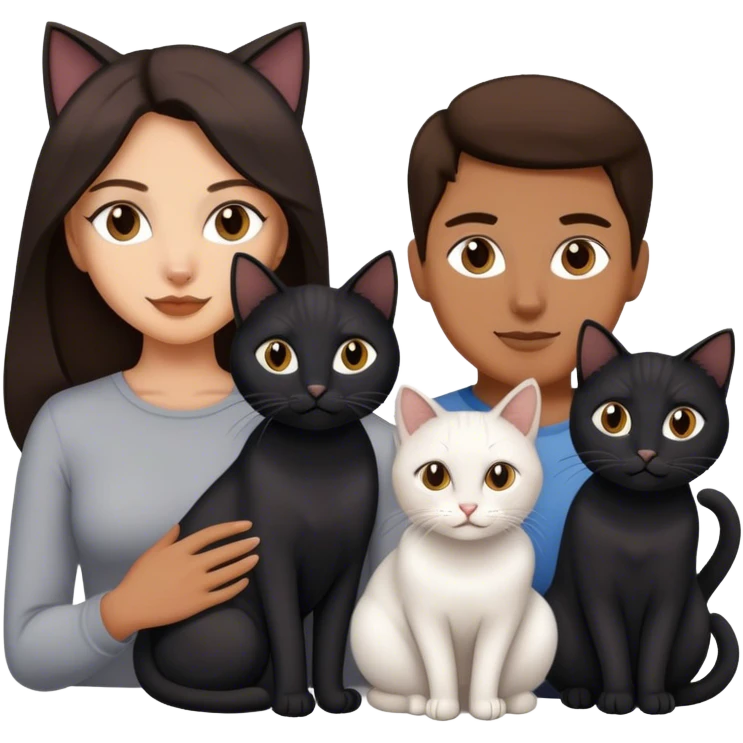 white brunette woman and a man with four cat, one is black one is full white the other two is full gray cats emoji