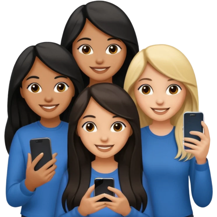 3 brown girl friends with a phone on their hand, one with black long hair, one with brown hair long and the other one with black and blonde hair,  emoji