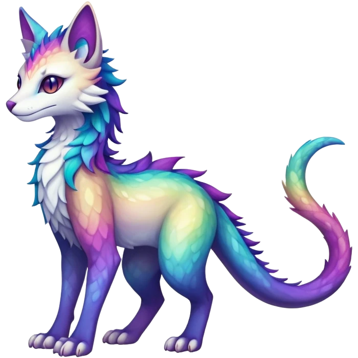 Kawaii dark rainbow iridescent fantasy ethereal feline-vernid-sergal-fursona animal creature with a tufted tail full body with intricate markings emoji