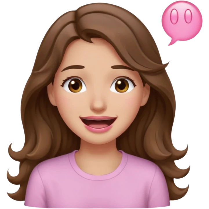 girl with wavy long brown hair, brown eyes, light to medium complexion, long lashes, light pink lipstick, wearing light pink shirt, smiling, crying laughing emoji