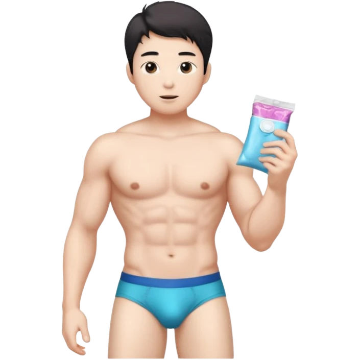 Male shirtless white skin Asian korean six pack sexy big dih lean full body without pants hold condom and jerking off with a little bit hair upper underwear don’t hold any stuff emoji
