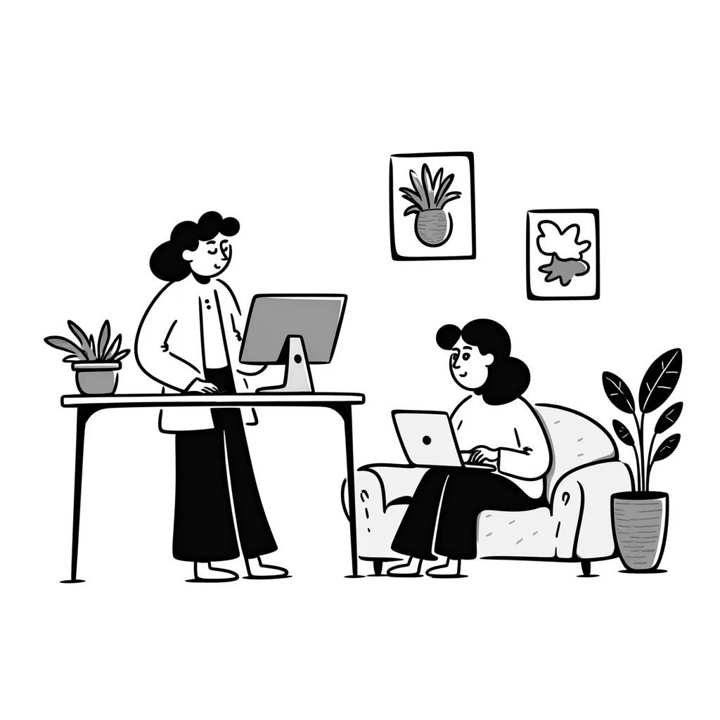 escenary 3d of a cozy mid-century living room with two people working on laptops, one man standing at a desk and one woman sitting on a couch, two walls and floor visible emoji