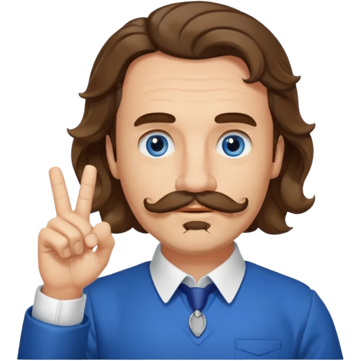 French writer Corneille, brown mi-long wavy hair, bold on the forehead, moustache, goatee, dressed with a collar,blue eyes, with the finger up emoji