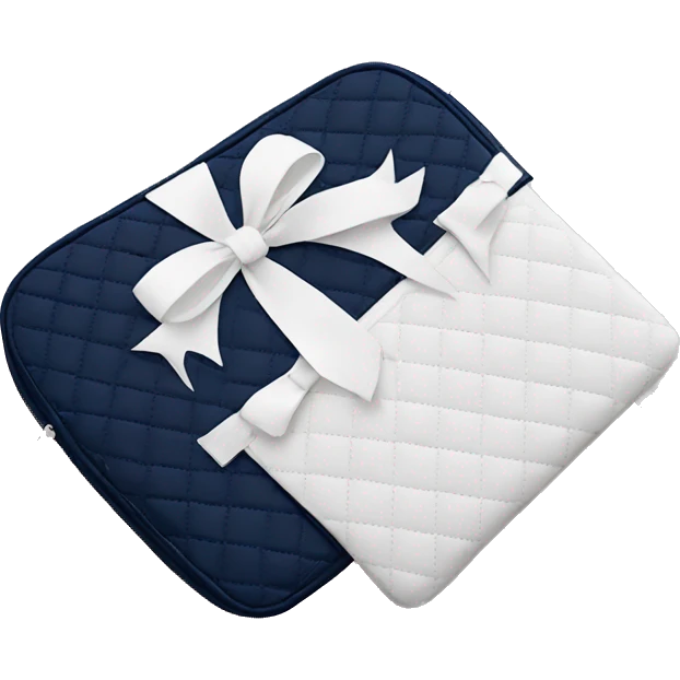 Navy blue quilted laptop case with a white bow on the case emoji