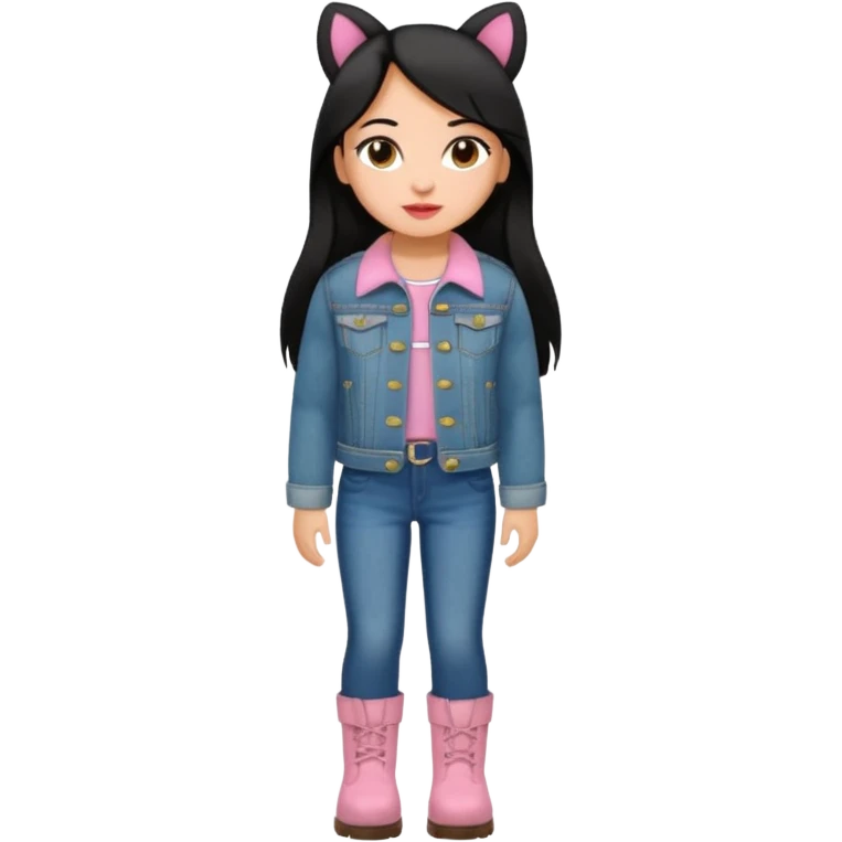 Gordita, ojos pequeños de color cafe oscuro, labios pequeños y rosados, piel trigueña, orejas pequeñas, cabello largo lazio y negro, pequeña. cuerpo completo. vestida con saco de lana jean y botas color café. No le pongas orejas emoji