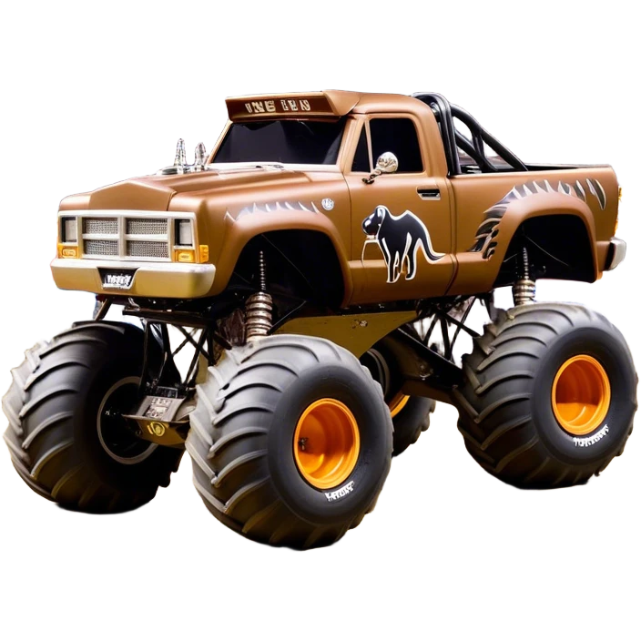 Monster Mutt - Monster Jam (Model Year: 2021) (Iconic colour: Brown with dog features) - A unique monster truck with playful, dog-inspired design cues. The vehicle is painted in warm brown tones and features subtle dog motifs (such as a stylized snout or ear shapes). It should blend the rugged power of a monster truck with quirky, endearing canine features. emoji