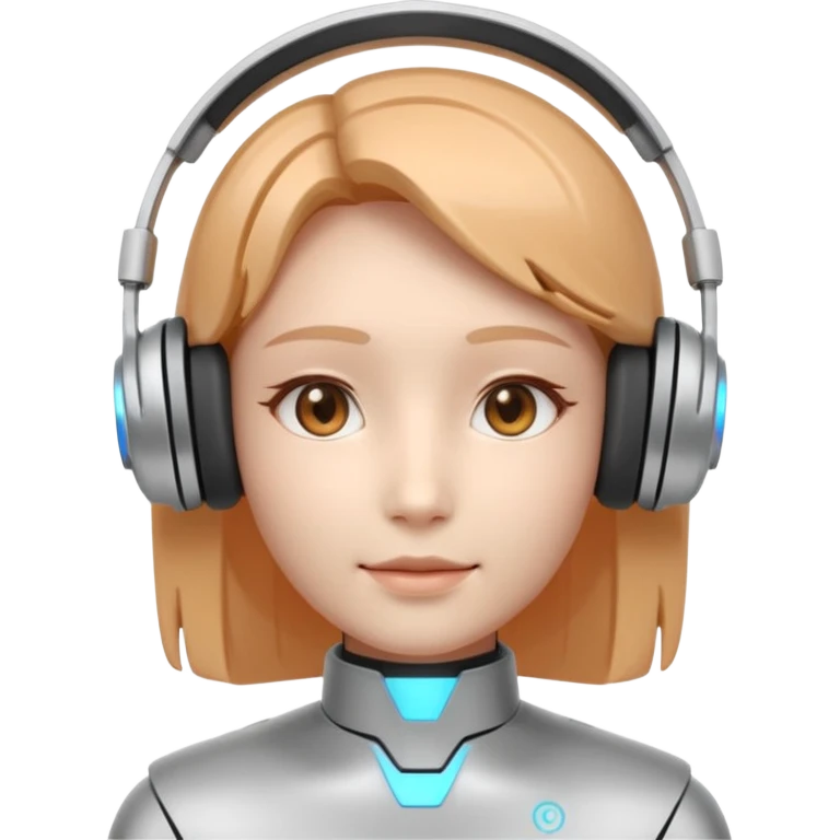 AI Call Agent holo-human-like Cyber AI face, warm, calm and friendly. Holographic look.Soft AI face with a listening, welcoming expression, minimal facial lines, calm eyes. Light headset. Bot. emoji