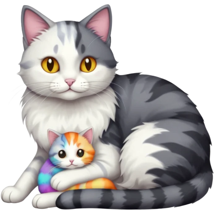 full body dark grey and white cat cuddling a colourful light patched calico + white tabby cat  emoji
