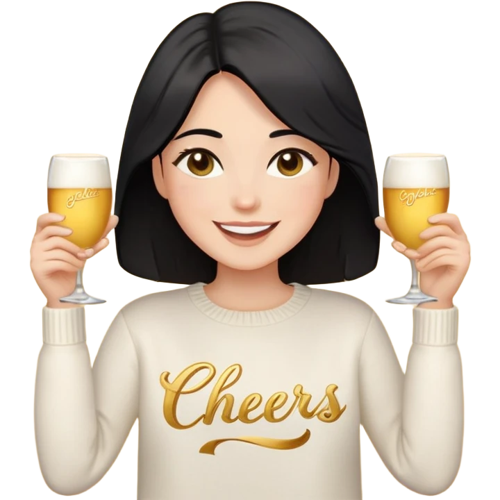 A woman with longer black hair, light to medium skin tone, full cheeks, and almond-shaped eyes, wearing a simple white sweater with the word 'cheers' in gold script, joyful and radiant expression, cheerful, emoji style, just her torso, no hands, no cups, no drinks. emoji