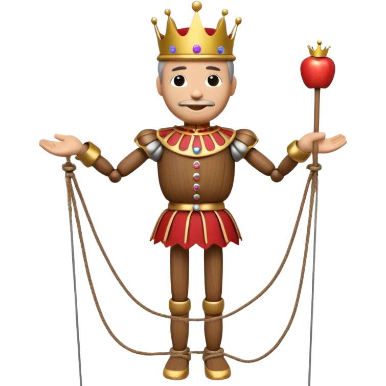 3D render of Puppet King as a wooden marionette puppet, Wooden crown, strings attached to hands, silver metal screw joints at elbows and knees, polished brown wood texture, rigid toy pose, Apple emoji style, isolated on white background --v 6.0. emoji