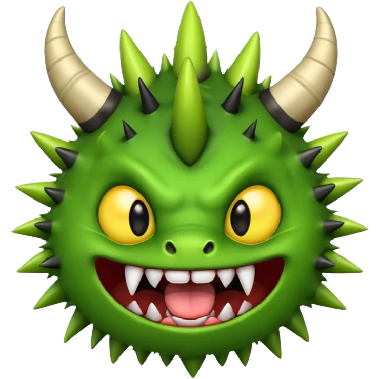 A green monster with two small black horns, spiky fur, big round yellow eyes, and a wide grin showing sharp teeth with its tongue playfully sticking out.  emoji