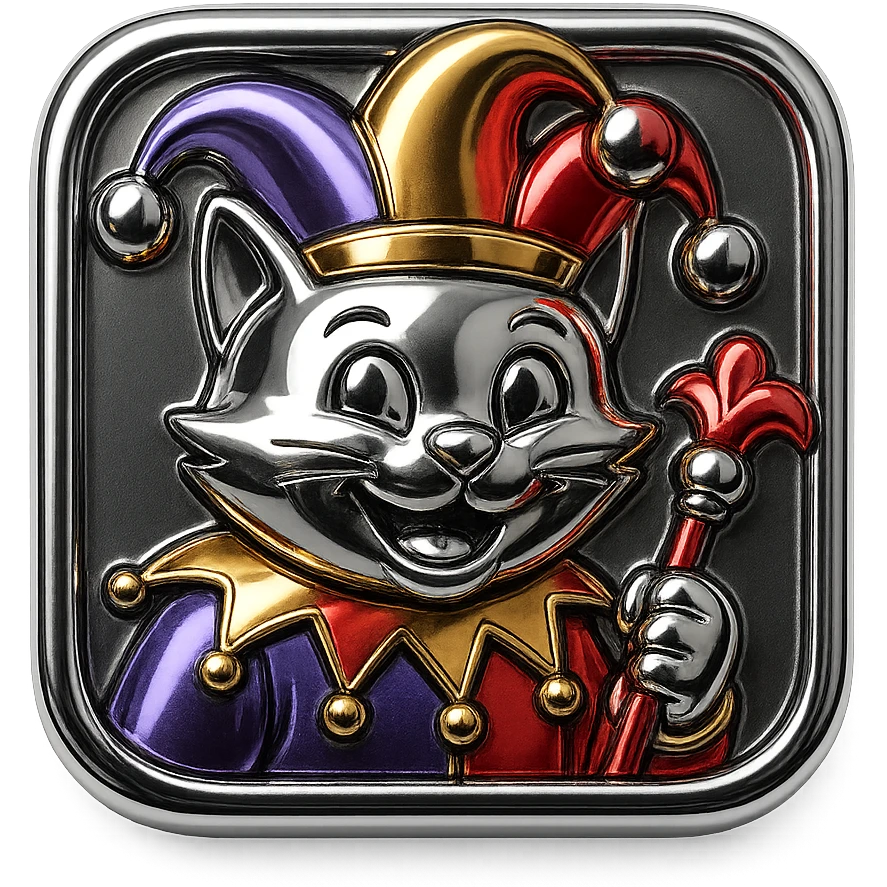 crazy colorful cute little cat jolly joker from poker, medieval, vintage, court jester, mac os icon, purple, gold and red color, half body. Squared shape as 3D mac os icon, symmetrical emoji