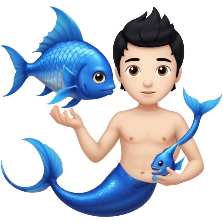 boy, black hair, brown eyes, white skin, Triton, with Triton in hand, blue Triton tail and blue triton fish ears emoji