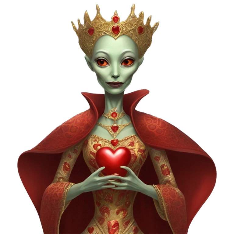 a Reptilian alien woman full body in Romanov dress, holding big red heart emoji