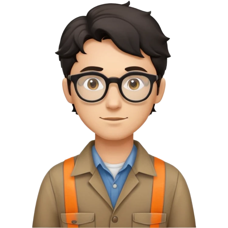Young caucasian carpenter with black wavy hair, round glasses, brown work clothes with shirt underneath emoji