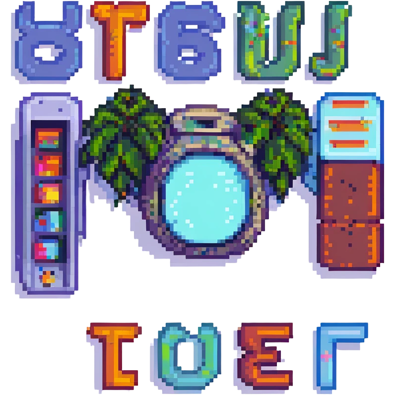 the word 'STUer' in pixel art, each letter as a blocky, retro game font, colorful emoji