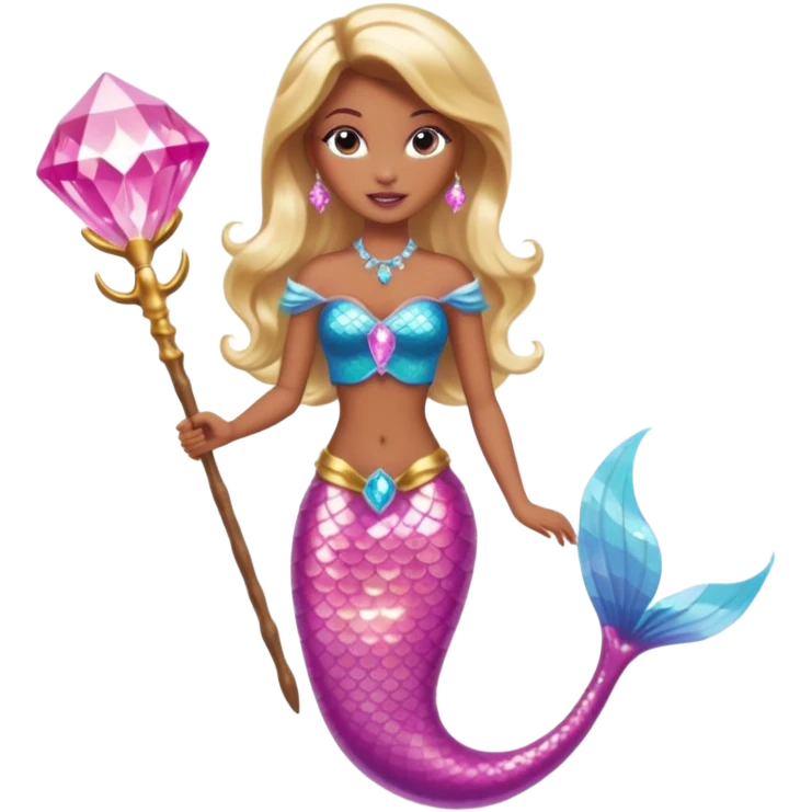 Brown skin blonde hair barbie mermaid with pink diamond tail and wand  emoji