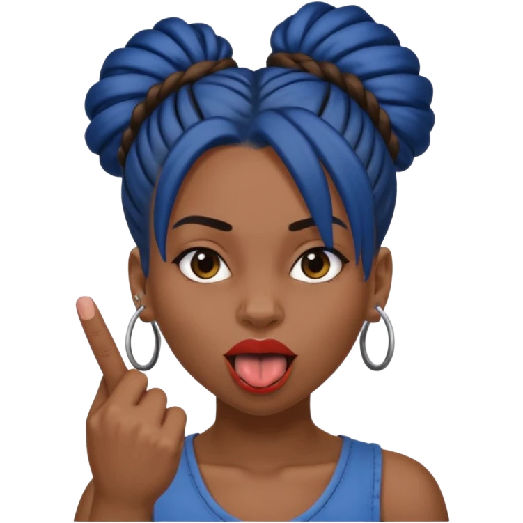 brown girl with dark blue dreads all in a bun with tongue out giving middle finger emoji
