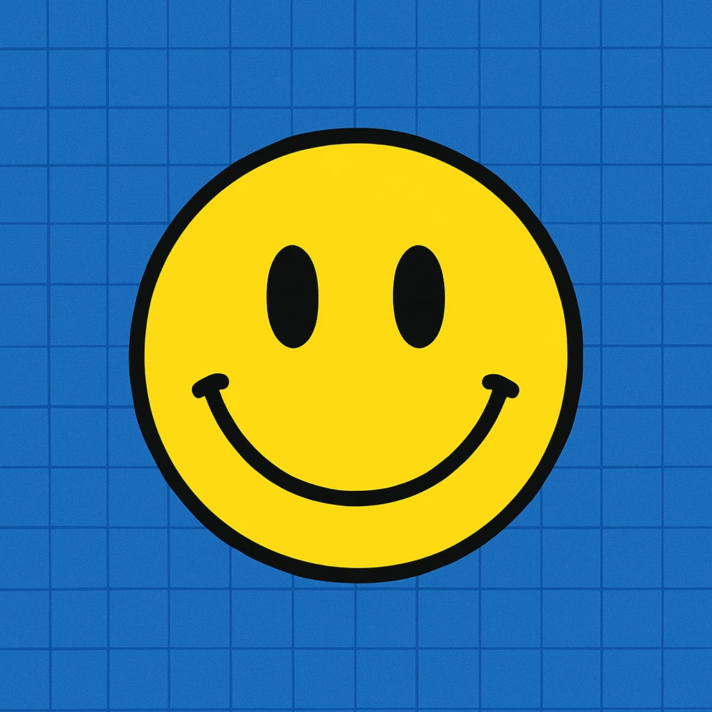 Frame 9: Fully blue background, grid lines almost all drawn, smiley face unchanged emoji