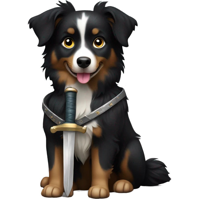 Small black australian shepherd dog with a sword emoji