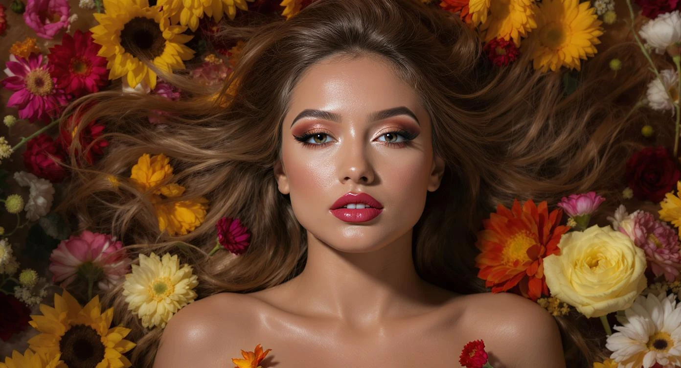 Camera drom top, Extreme Closeup photo of a beautifull woman lay around beautifull colorfull flowers, cinematic light, 8K, very detailed, sharp emoji