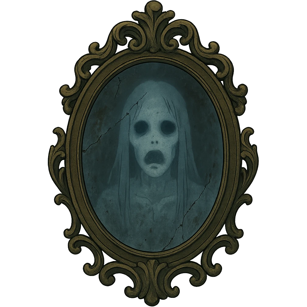 creepy antique mirror with a ghostly face reflected, ornate frame, chilling mood emoji