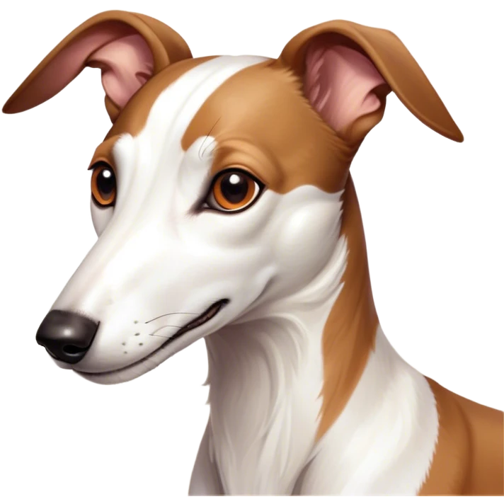 Cinematic Cute White and Brown Greyhound Portrait Emoji, Head tilted playfully and inquisitively, featuring a smooth white Fur with vibrant brown accents and round, sparkling eyes filled with curiosity, Simplified yet irresistibly adorable features, highly detailed, glowing with a warm, friendly glow, high shine, affectionate and nimble, stylized with a touch of whimsy, bright and endearing, soft glowing outline, capturing the essence of a mischievous yet loving racer, so playful it feels like it could sprint out of the screen and into your arms! emoji