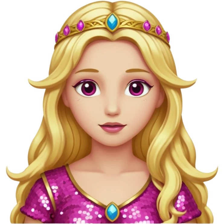 Venus from Ancient Gods with pink skin, long golden blonde hair, dark pink sequin outfit emoji