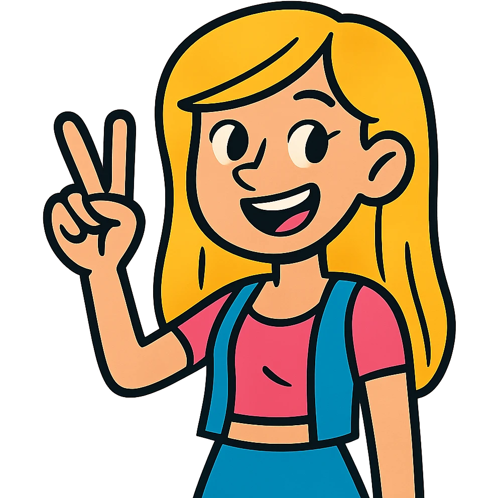 blonde popular girl making a peace sign with her hand, vibrant cartoon style emoji