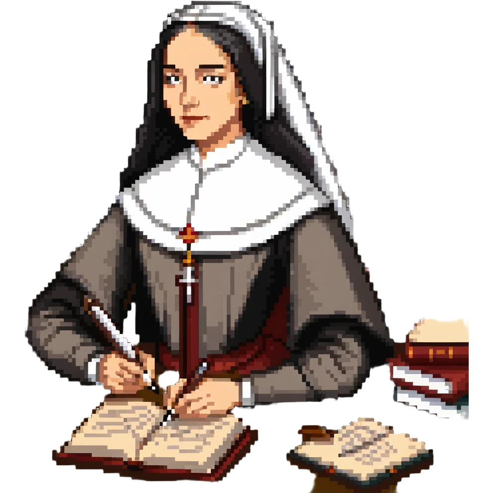 Sor Juana Inés de la Cruz with a quill pen and books emoji