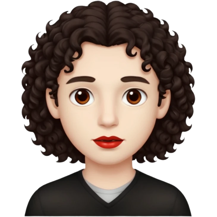 boy, really dark brown hair, curly hair, dark brown eyes, pale skin, red lips, long hair emoji