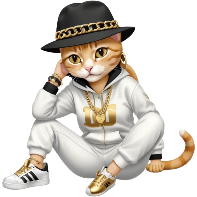 female cat lying horizontally on the ground, crying, dressed like Run DMC with tracksuit, fedora, Adidas shoes, lots of gold chains, rings, bracelets, earrings, no sunglasses emoji