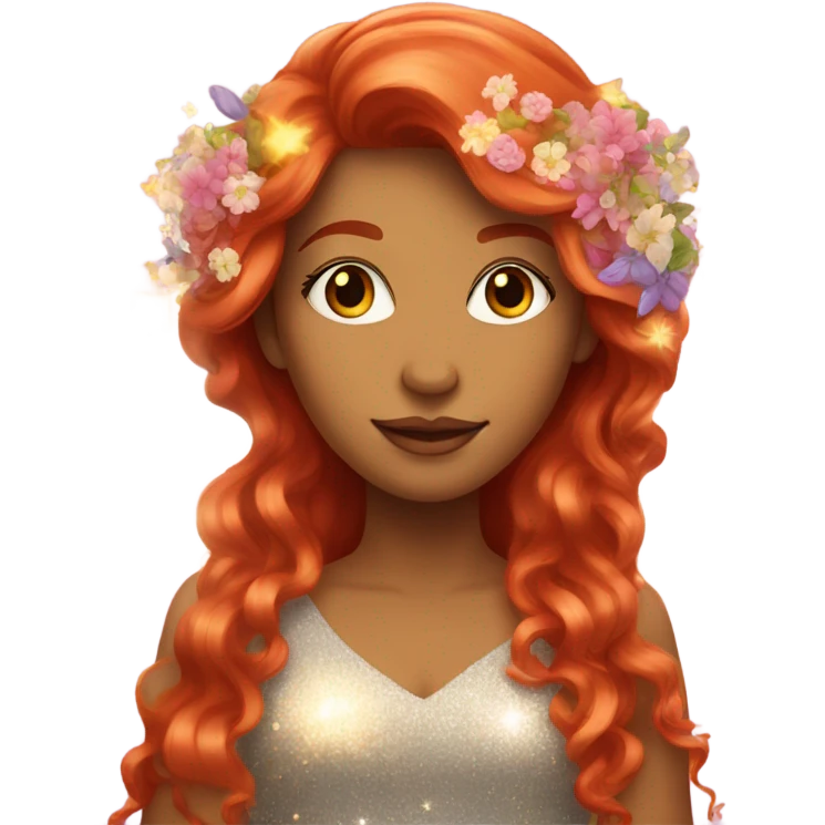 Long Red haired woman with flowers in her hair surrounded by sparkles  emoji