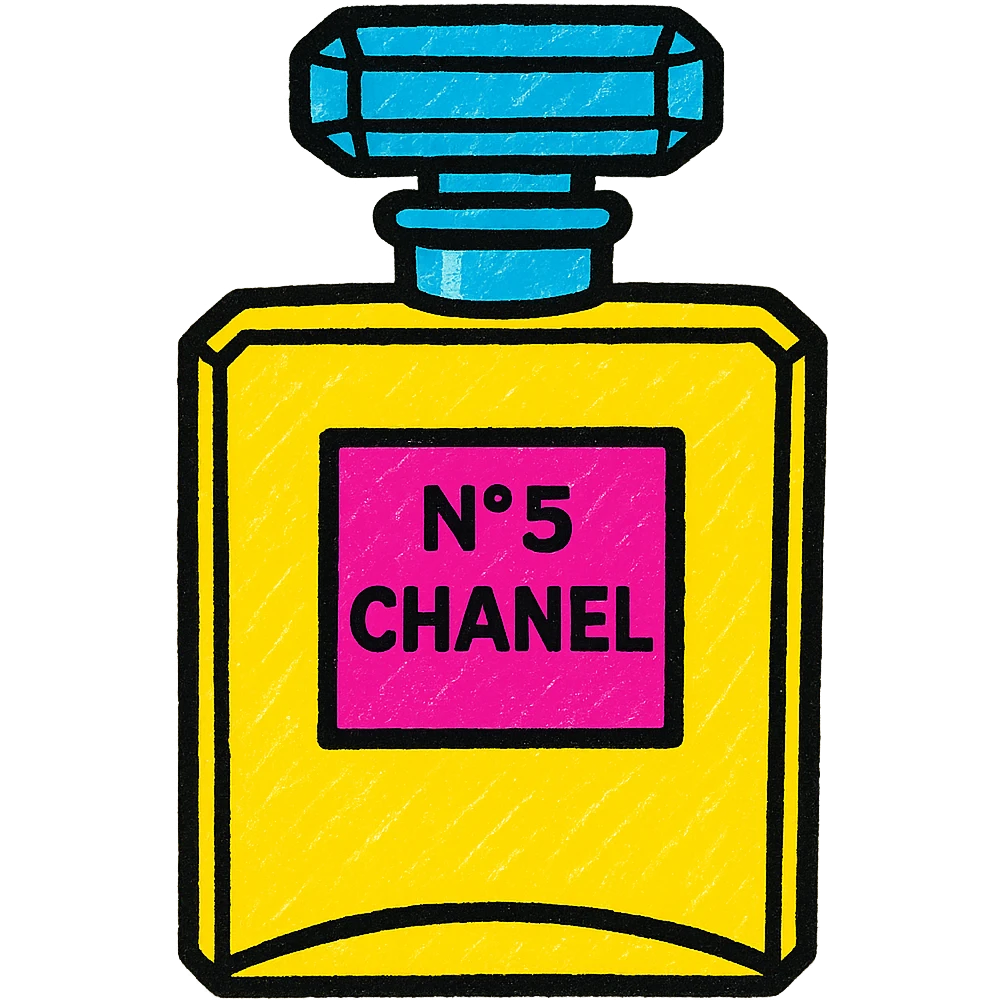 Chanel perfume bottle in a pop art style, bold colors, graphic outlines emoji