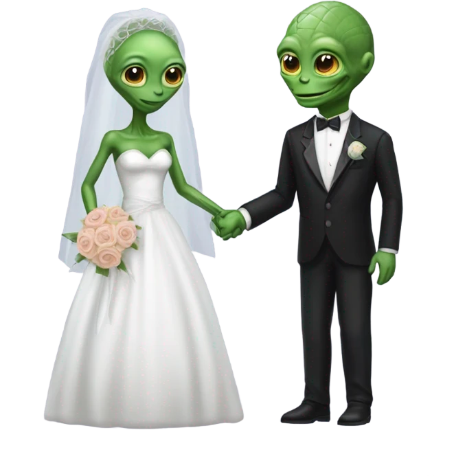 Alien reprilian woman in wedding dress, and one humman man in a tuxedo holding hands getting married emoji