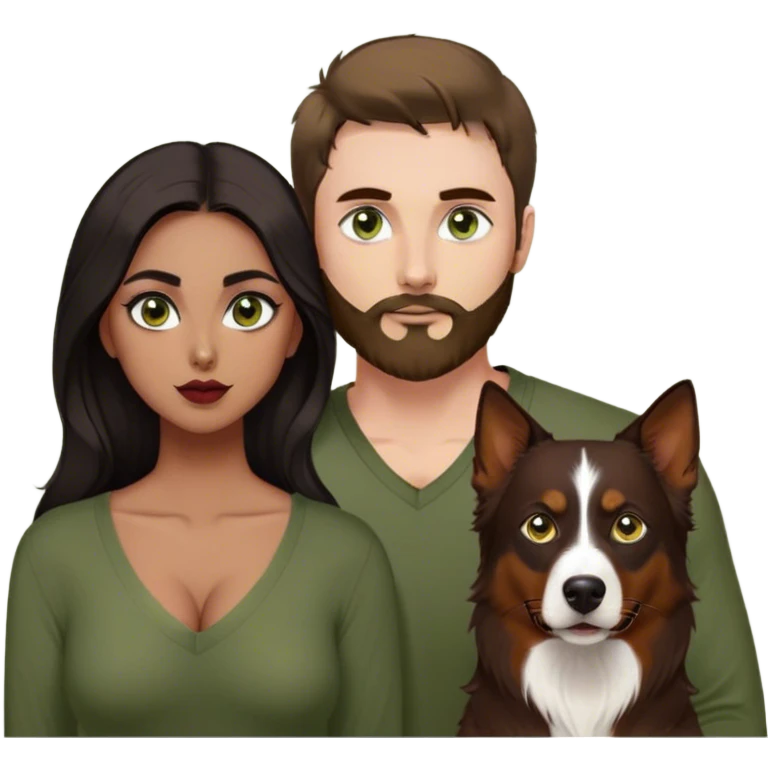 Thin white guy with beard and widows peak and green eyes and large pointy nose in olive green long sleeve AND One latina girl with long beautiful dark hair and dark eyes in a dark red v neck and makeup with her black tri colored  Australian shepherd large emoji