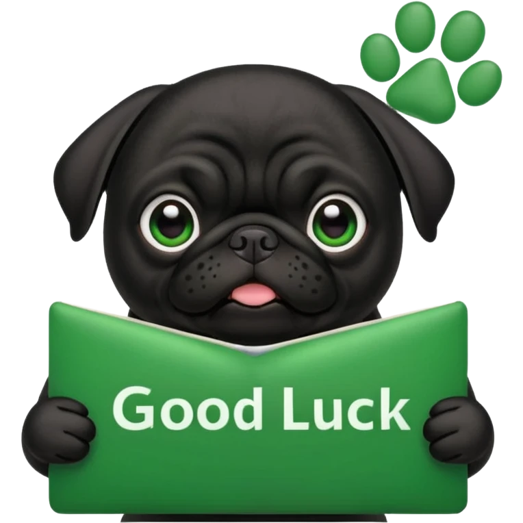 black pug with a green sign reading good luck emoji