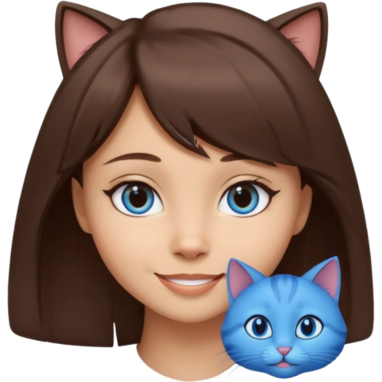 girl with sidebang, light skin, mocha brown hair, blue cat eyes, smiling emoji