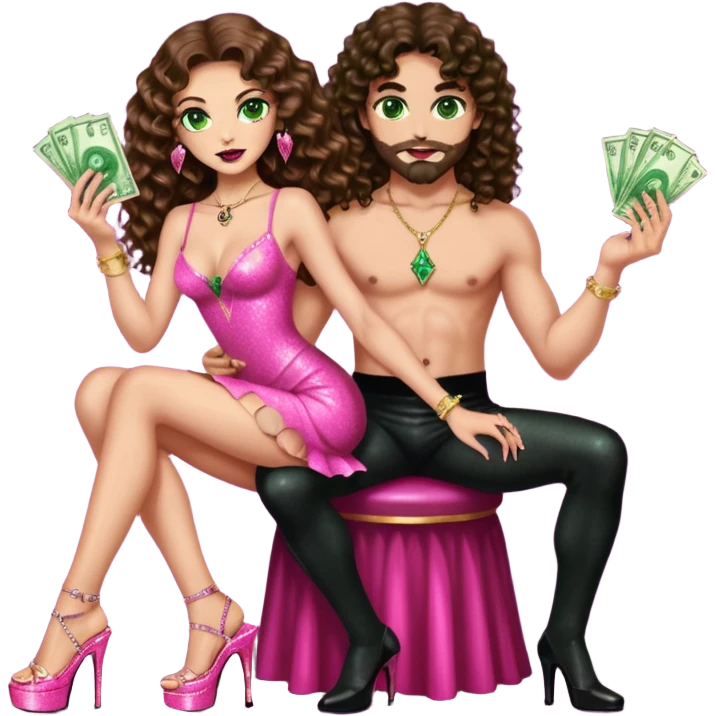 Sensual woman green eyes brown long curly hair evil occult,with 7 inch platform stripper high heels pink with glitter dress, holding a Spanish man, sitting on a short dark hair man’s pimp lap, holding cash emoji