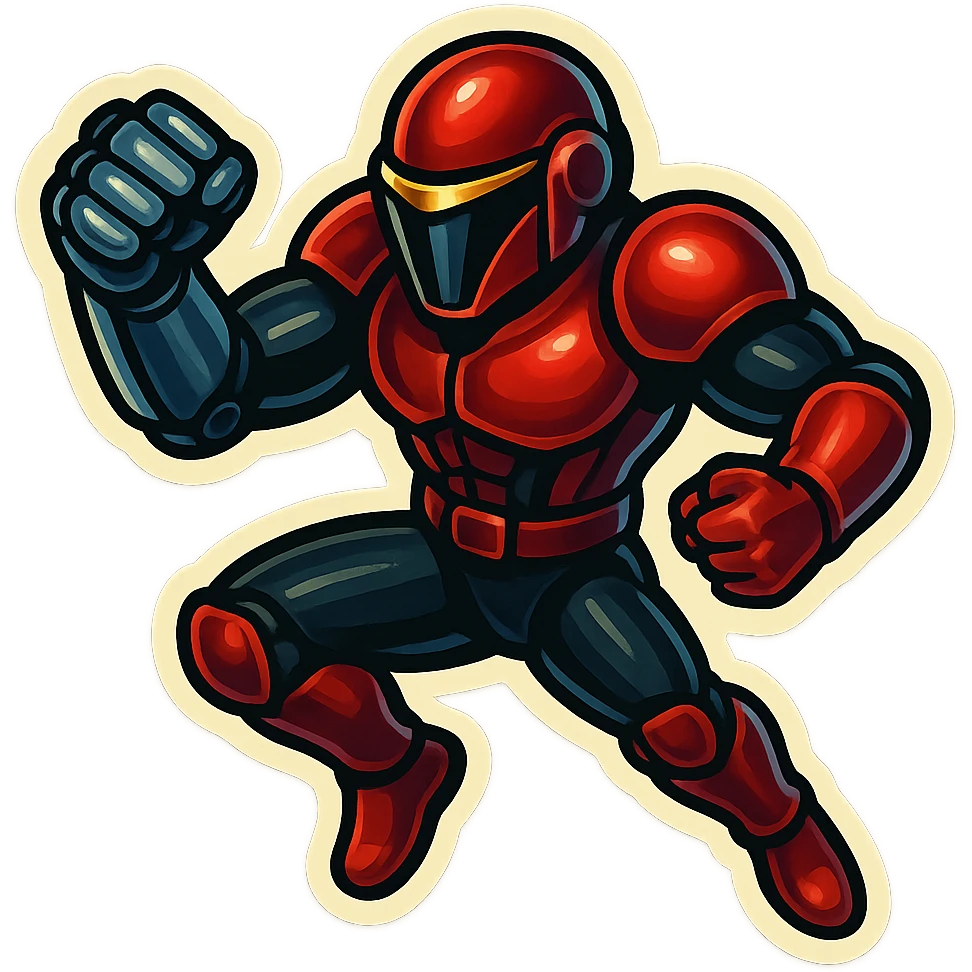 Scarlet Duke from the future, retro sticker style, robotic arm, sleek helmet, red and black armor, dynamic action pose, sticker effect emoji