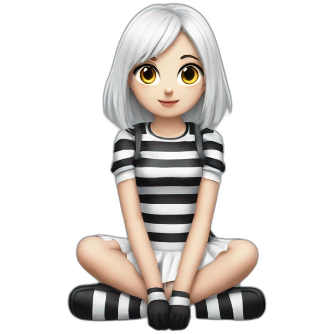 Hyperrealistic Frontal view curvy emo girl sits white skirt striped stockings hands up emoji