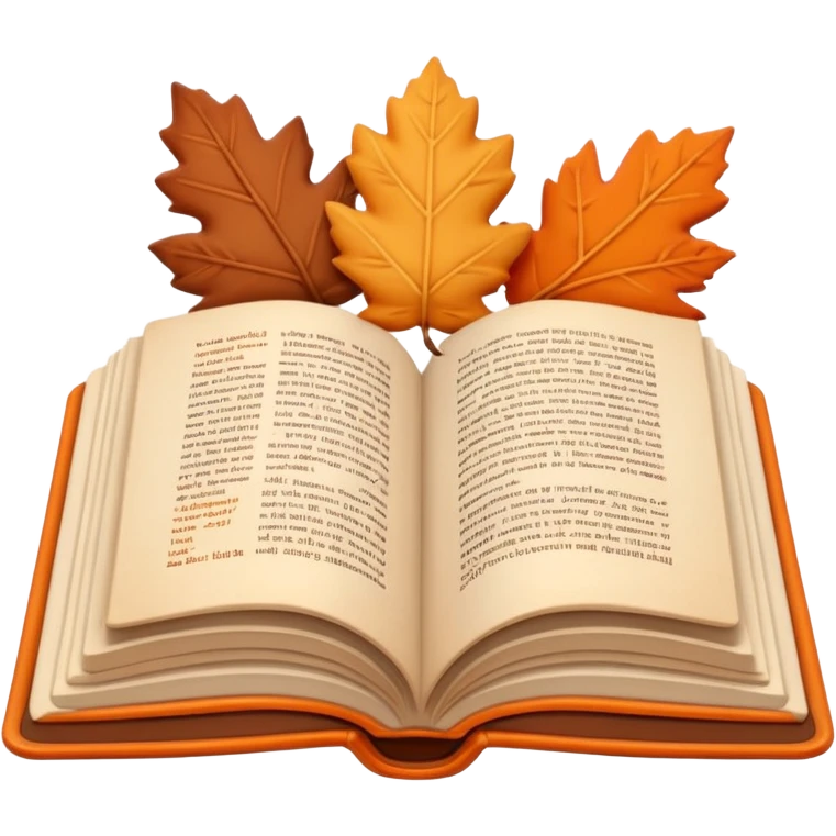 A cute 3D emoji of an open book with autumn leaves around it, cozy fall colors (orange, brown, beige), playful and modern style, glossy finish, minimalistic but expressive, symbolizing a Fall Reading Challenge. emoji