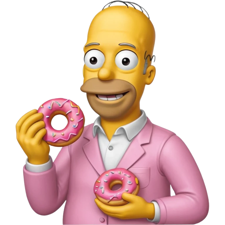 Homer Simpson grinning, holding a donut up, yellow skin, pink donut, plain background emoji