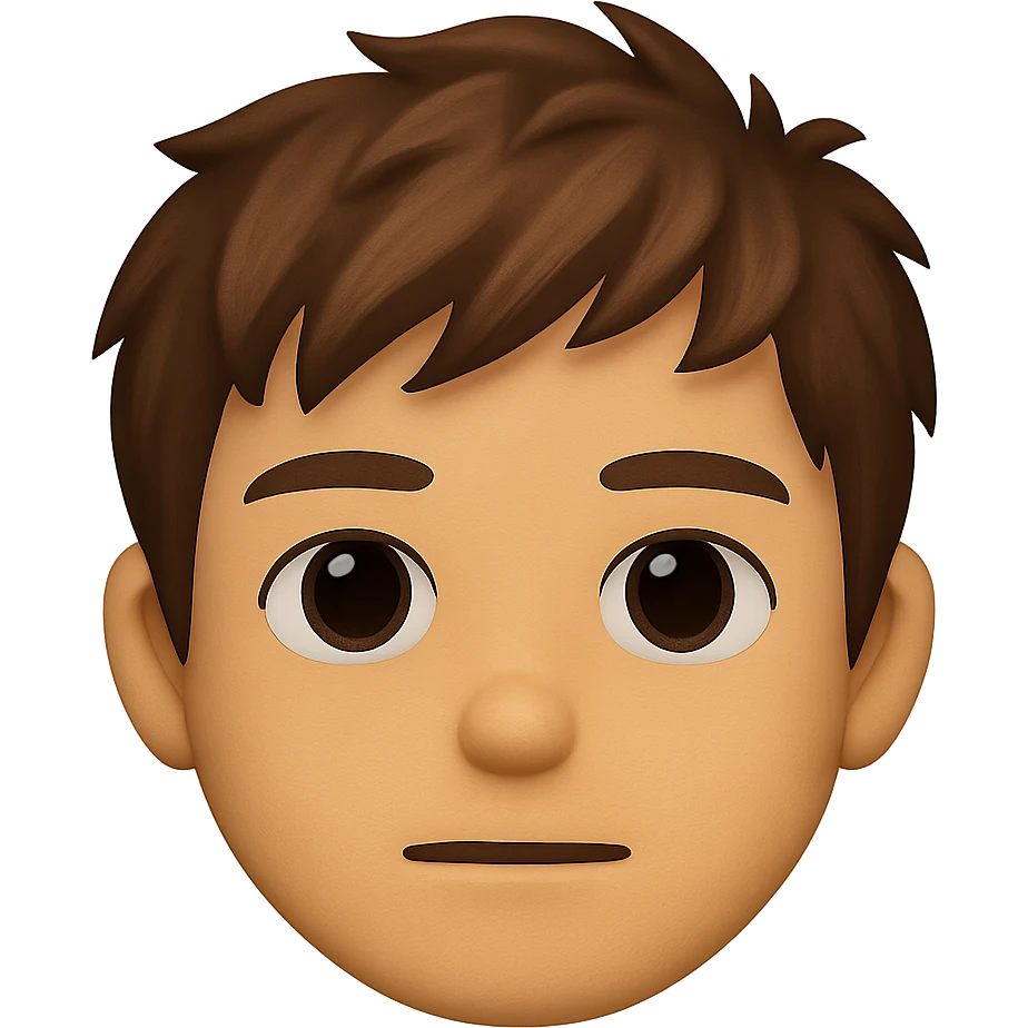 emoji face inspired by a young person with short tousled brown hair, light skin, neutral expression emoji
