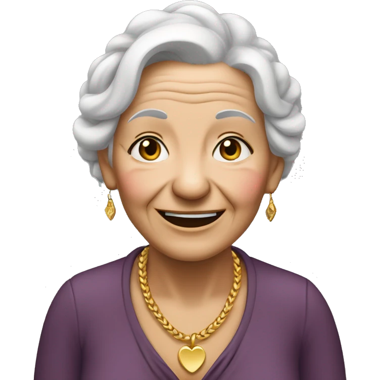 An elderly woman smiled until her eyes were closed, her hair was white in braids and her skin was white with wrinkles. She wore gold jewelry, including a necklace with a heart pendant.  emoji