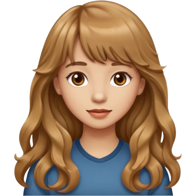 Please generate a portrait of a pretty girl with long, wavy, light brown hair and bangs. emoji