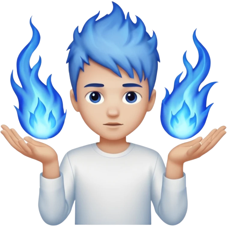 A boy with no hands fire instead made out of fire and blue fire on a white shirt that the boy is wearing  emoji
