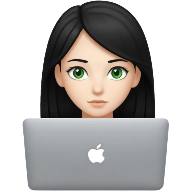 Girl whit a mackbook, black and straight Hair. Green eyes emoji