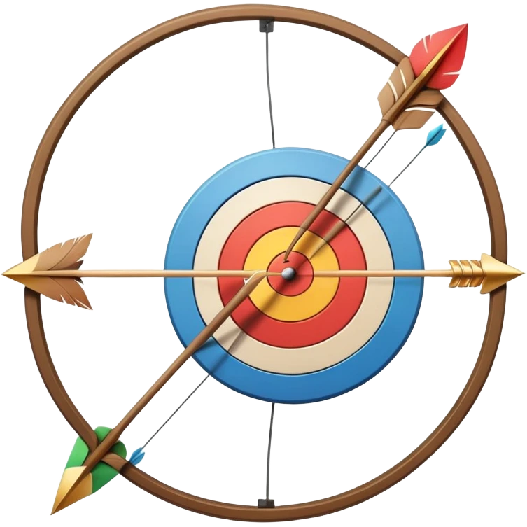 A bow with an arrow drawn back, aimed at a target with concentric rings. The background suggests a calm, outdoor archery range, emphasizing the precision, focus, and skill required in archery as a competitive sport. emoji